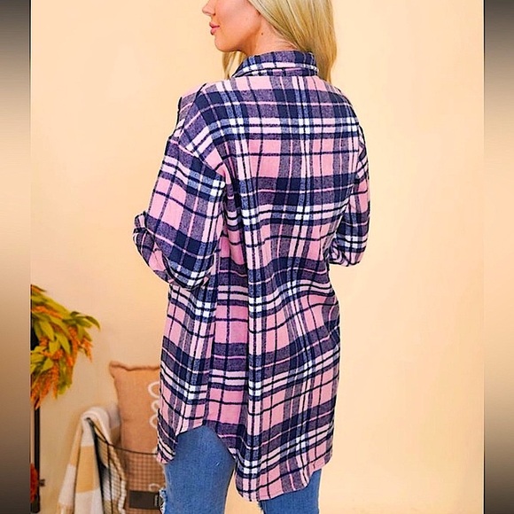 🆕🌿🩷MUNDEFEIS: NAVY/PINK Long Plaid Button Up Jacket SMALL - Picture 2 of 10
